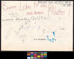 Zürcher Manifest 4.-9. September 1968, handbeschriebenes Plakat (Wandzeitung); "Besserer Lohn für eine noch bessere Polizei!" Plakat mit gesammelten Unterschriften und Sprüchen