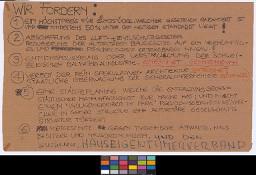 Zürcher Manifest 4.-9. September 1968, handbeschriebenes Plakat (Wandzeitung); "Wir fordern:" Plakat, welches verschiedenste Veränderungen im Bau- und Mietwesen der Schweiz, wie zum Beispiel niedrigere Bodenpreise, verlangt