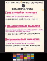 Zürcher Manifest 4.-9. September 1968, handbeschriebenes Plakat (Wandzeitung); ""Basisgruppe für ein autonomes Jugendzentrum. Diskussionsmodell". Plakat, welches sich mit autoritärer und anautoritärer Erziehung auseinandersetzt