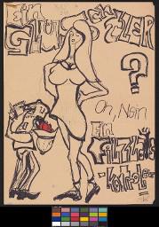 Zürcher Manifest 4.-9. September 1968, handbeschriebenes Plakat (Wandzeitung); "Ein Glüschtler? Oh nein, ein Filzlauskontroleur". Plakat mit zürcher Polizist, der sich verenkt, um einer Frau unter den Rock schauen zu können