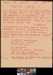 Zürcher Manifest 4.-9. September 1968, handbeschriebenes Plakat (Wandzeitung); "Wer hat Angst vor dem roten Mann?" Protestplakat gegen die Wasserwerfer-Einsätze der Zürcher Stadtpolizei (Stapo)