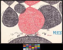 Zürcher Manifest 4.-9. September 1968, handbeschriebenes Plakat (Wandzeitung); "Merde. Ein Mächtiger, die Ohn-mächtigen". Plakat mit abstrakten Figuren in roter und schwarzer Farbe