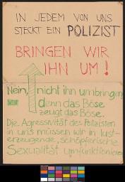 Zürcher Manifest 4.-9. September 1968, handbeschriebenes Plakat (Wandzeitung); "In jedem von uns steckt ein Polizist - Bringen wir ihn um!" Plakat gegen Gewalt und für sexuelle Freiheit