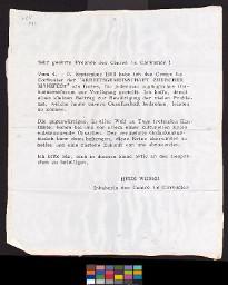 Zürcher Manifest 4.-9. September 1968, handbeschriebenes Plakat (Wandzeitung); "Sehr geehrte Freunde des Centre Le Corbusier!" Einladungsplakat von der Inhaberin des Centre Le Corbusier, Heidi Weber