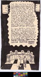 Zürcher Manifest 4.-9. September 1968, handbeschriebenes Plakat (Wandzeitung); "Und dies meine Herren ist einer der frisch aufgetauten rebellischen Jungen, die wir vom Geschichtsunterricht her kennen [...]" Plakat mit einer düsteren Zukunftsvision, in der die 1968er-Jugendlichen nach langer Zeit wieder aufgetaut werden, um damit konfrontiert zu werden, wie viel besser es der Gesellschaft ohne sie ergangen ist. Bild mit Jugendlichem und Robotermenschen
