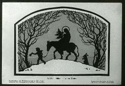 "[Stern?] Weihnachtsbild", zwei Bäume und einem kleiner Engel, der einen Esel führt, auf dem vermutlich das Jesuskind mit Maria und einem Tannenbaum sitzt, dahinter ein Hase.