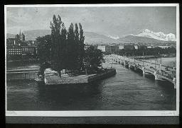 "Genève", Genf, Blick auf  Ile J.-J. Rousseau  und pont du Mont Blanc, Gebirge im Hintergrund