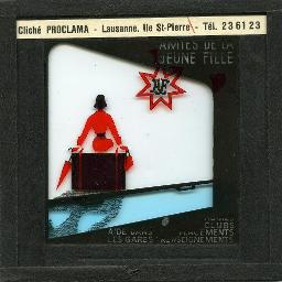 "Amies de la jeune fille - Homes, Clubs, Placements, Aide dans les gares, Renseignements", junge Frau auf einem Koffer mit Schirm und Handtasche, Blick aus einem Zugfenster, Logo der Freundinnen junger Mädchen